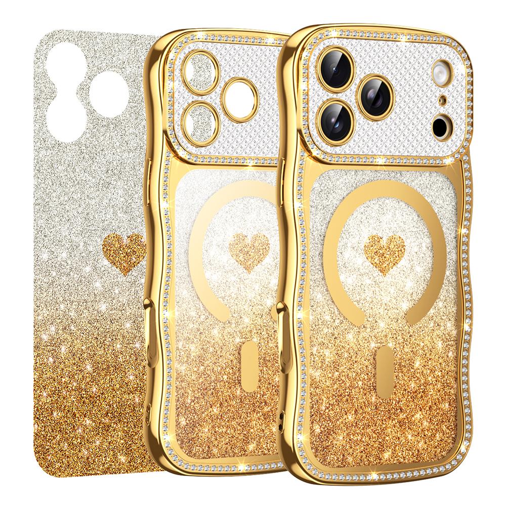 For iPhone 17 Pro Magnetic Case Electroplated Wave Frame Rhinestone Decor TPU PC Phone Cover with Love Glitter Paper