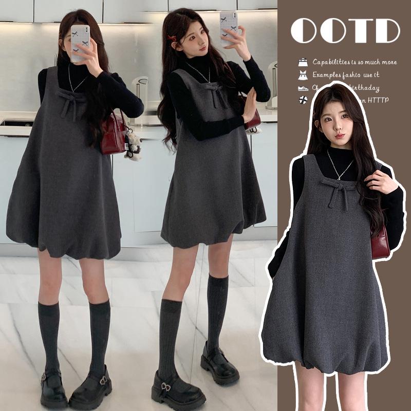 

Autumn/Winter Knit Base Layer Top with Bow-Decorated Vest Dress Set L