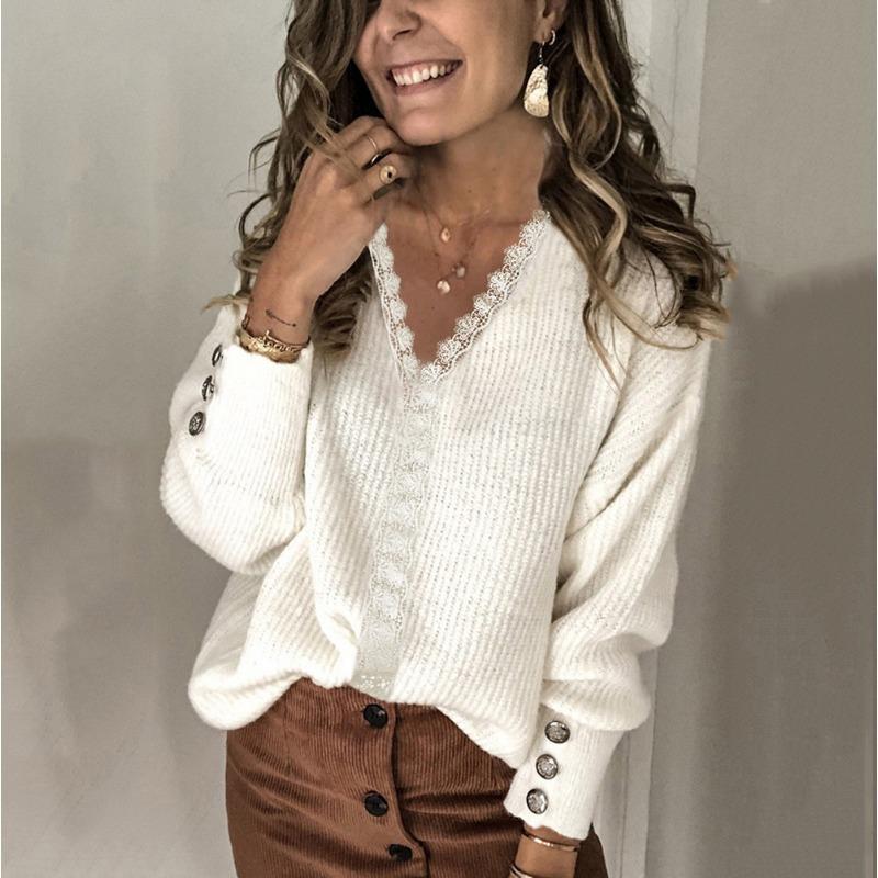 Women S Lace V Neck Pullover Sweater Long Sleeve Solid Color Knitwear