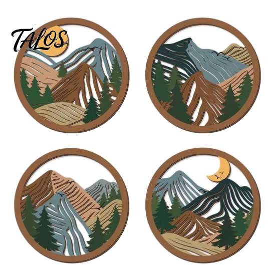 Wooden Forest Wall Art 4Pcs Boho Mountain Art, 2D Flat Abstract Landscape Decor, Geometric Hanging Sign, Natural Artwork, Sun Moon Pine Tree Decor for