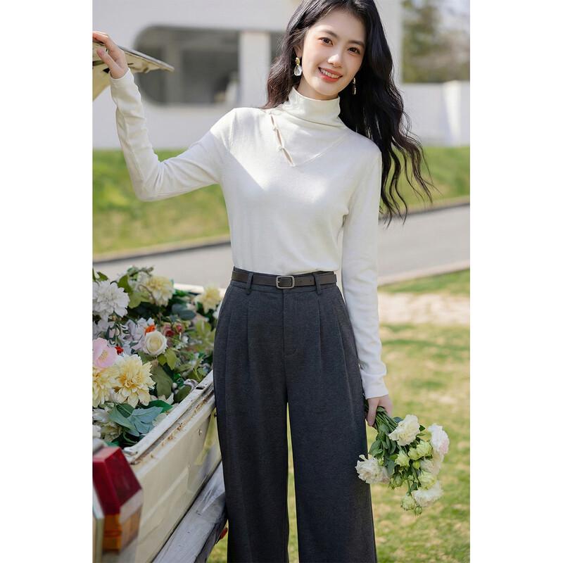 

ITISF4 Women s High Neck Irregular Button Wool Blend Base Layer Top M