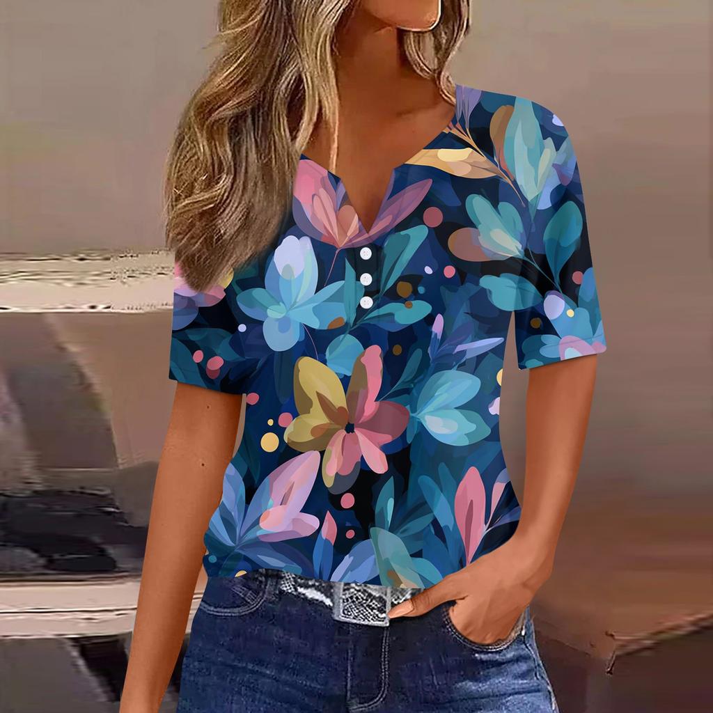 Women's Fashionable Casual Retro Print V-Neck Short Sleeve Decorative Button T-Shirt Top
