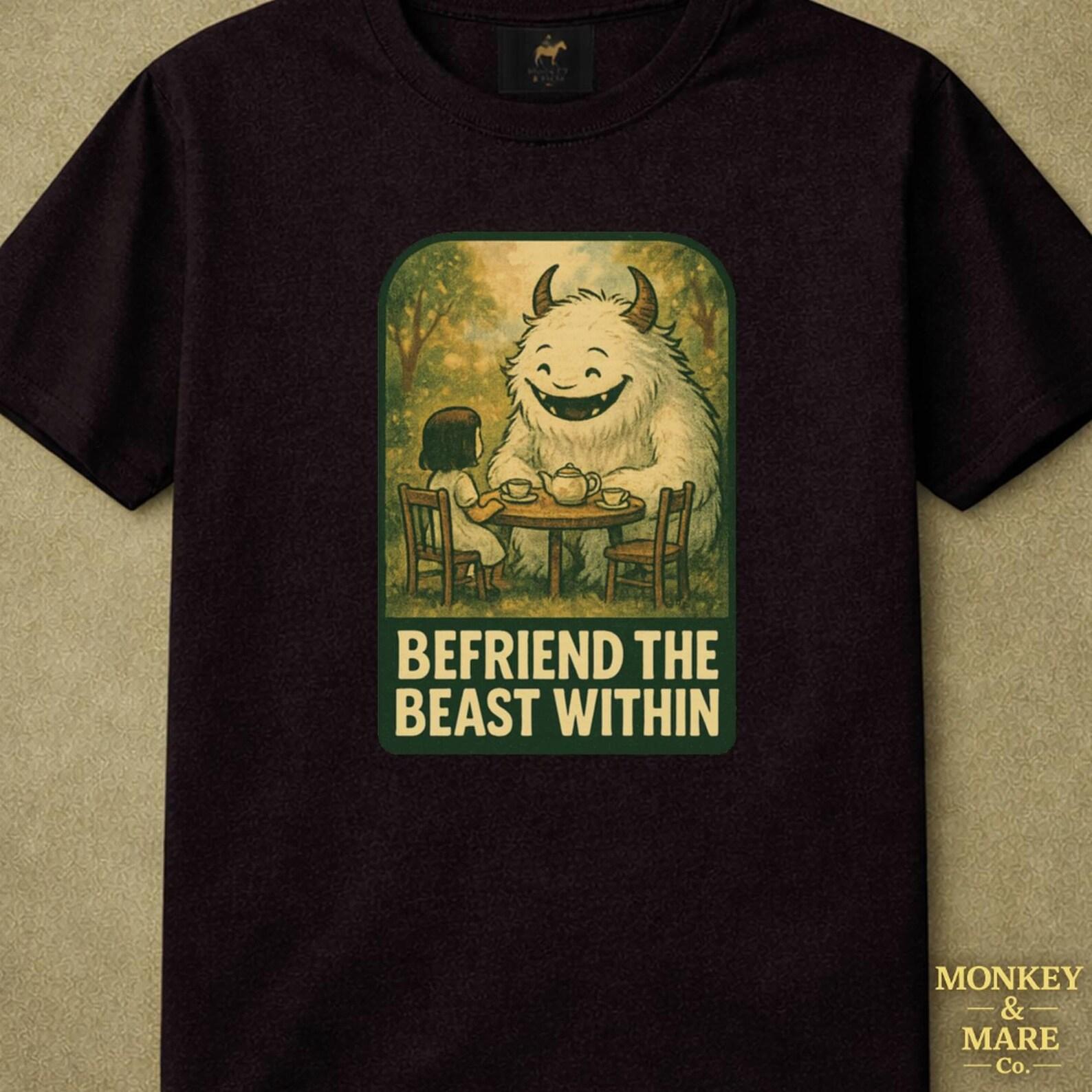 Fluffy White Horned Beast Shirt, Befriend the Beast Within, Whimsical Fantasy Tea Gathering, Cozy Magical Shirt, Gentle Monster Tee L