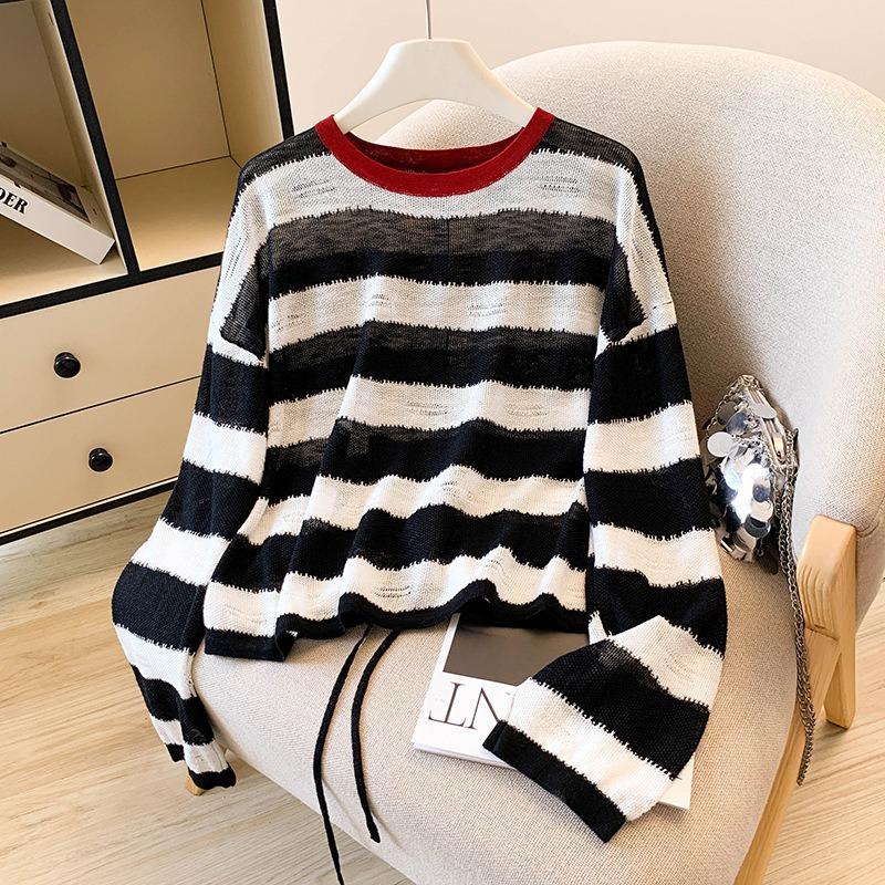 Sunscreen casual contrasting striped long-sleeved t-shirt knitted thin top trendy