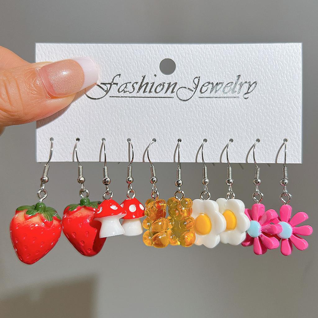 New Cute Cartoon Animal Fruit Earrings Set for Women Girl Simulated Resin Acrylic Food Drink Icecream DIY Dangle Earring Jewelry