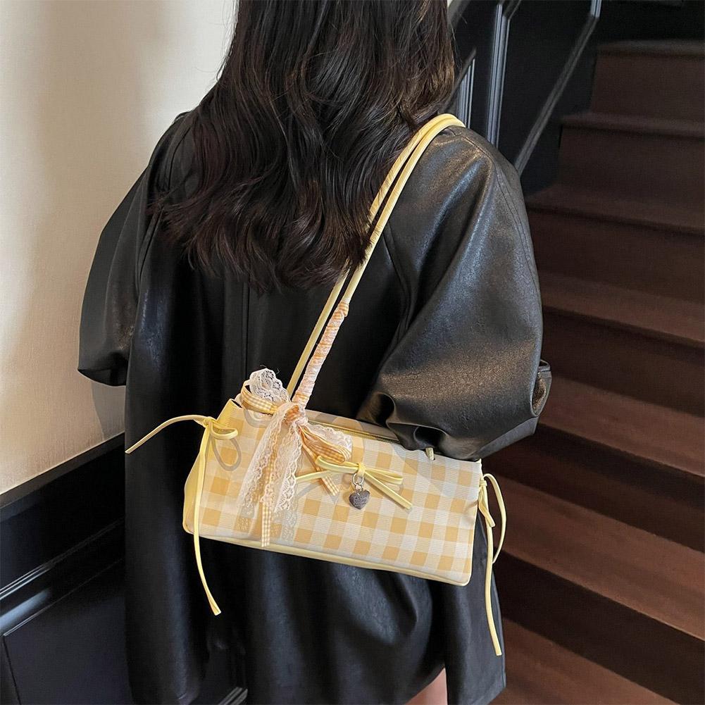 Bow Lace Ribbon Shoulder Bag Fashion Heart-shaped Pendant Grid French Underarm Pouch Tote Bag Handbag Daily Commuting Bag