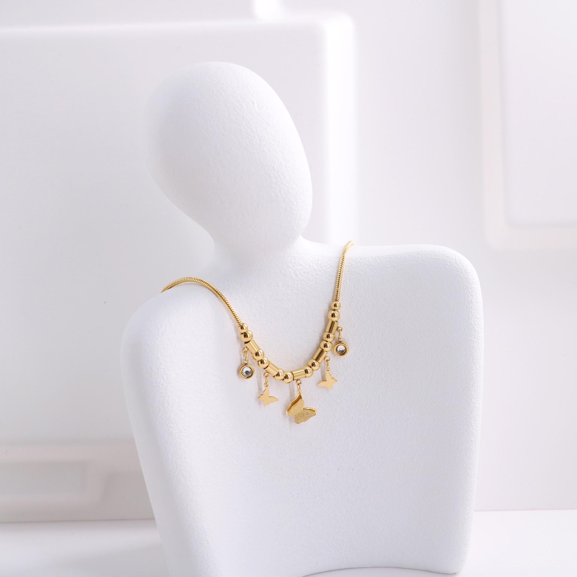 Korean Style 18K Gold Frosted Butterfly Necklace & Bracelet Set with Small Diamond Accents