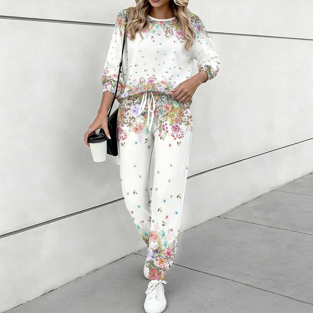 Women Floral Print Two Piece Outfit, Long Sleeve Crew Neck Top & Drawstring Jogger Pants Casual Tracksuit for Spring Autumn