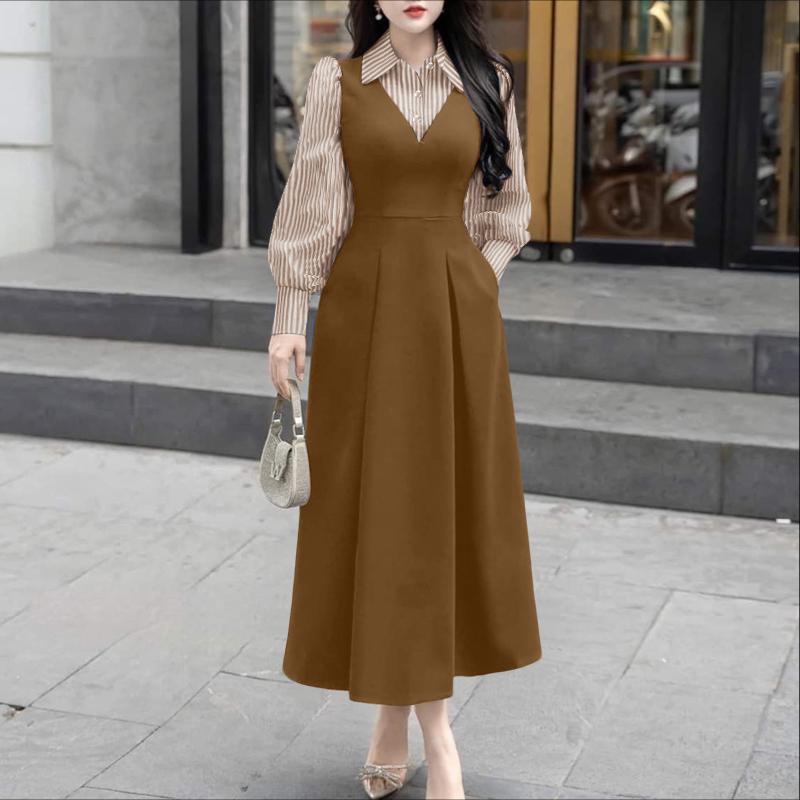 ZANZEA Women Casual Stripe Patchwork Turn Down Collar Long Sleeve Dress