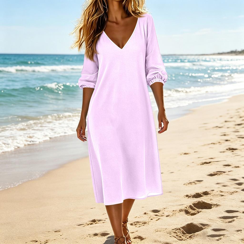 Women's Summer Fashion V Neck Seven Quarter Sleeve Casual Cotton And Linen Vacation Beach Dress
