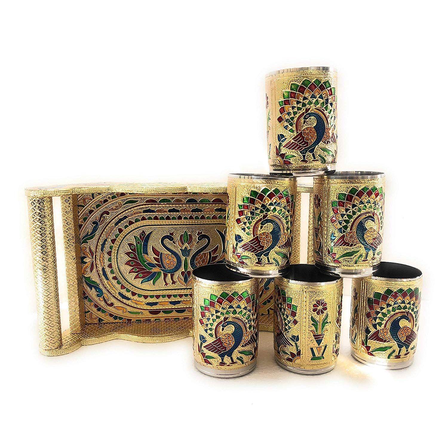 

Набор из 6 стаканов из нержавеющей стали, ручной работы, с индийской эмалью минакари, дизайн «Павлин», золотистого цвета (Набор подносов ручной работы), 250 мл