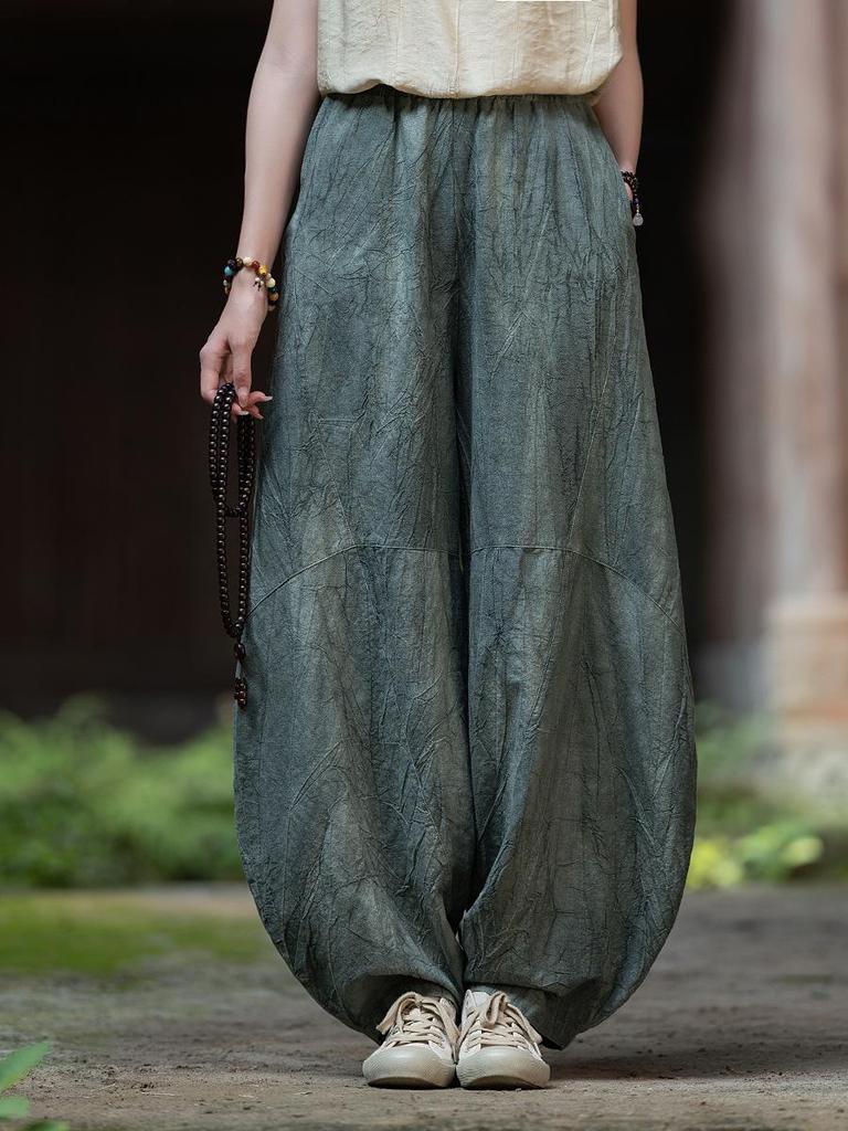 Damen-Retro-Leinenhose mit Batikmuster und weitem Bein im Laternen-Stil