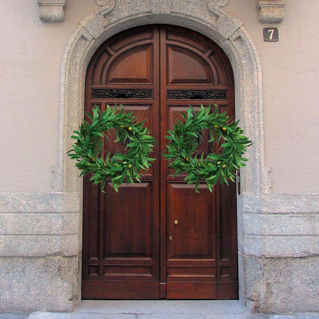 14 Inch Artificial Olive Wreath - Handcrafted Garland Branch Ornaments, Faux Front Door Hanging With Green Leaves and Fruit - Great for Wedding,