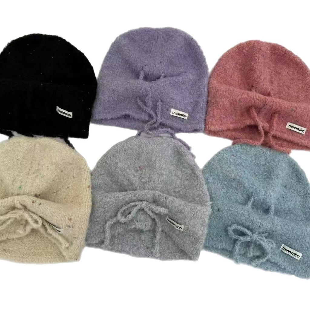 Curling lazy wind outdoor drawstring stacking hat knitted wool pullover hat neat solid color ear protection cold hat bag head