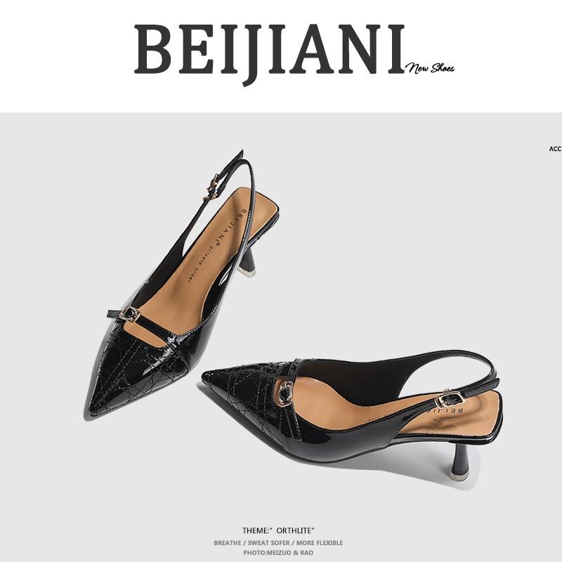 Patent Leather Professional Single Shoes Bag Head Sandals Women's Pointed Head Stiletto High Heels Back Strap Comfortable Soft Sole Leather