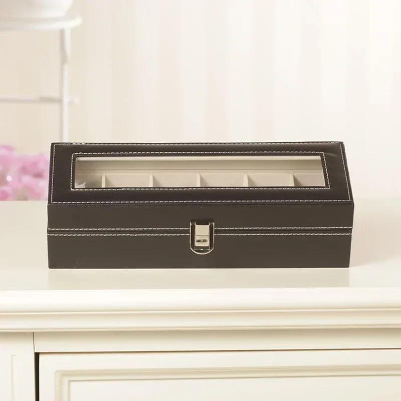 6 Grid Leather Watch Box Transparent Sunroof Watch Display Box Black PU Leather Bracelet Bracelet Jewelry Display Box StorageBox