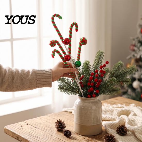 Xmas Tree Decoration Christmas Candy Cane Pick, Red White Green Plush Stem, Decorative Props Branch for Vase Filler, Wreath, Filler