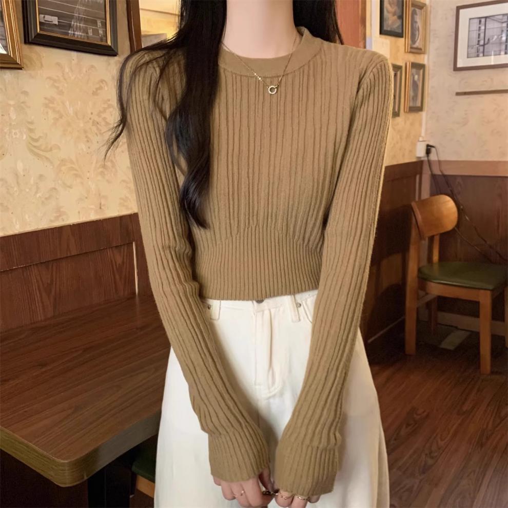 Round Neck Sweaters Knitted Sweater for Women Autumn Winter Basic Pullovers Slim Fit Waist Cinching Short Pullover