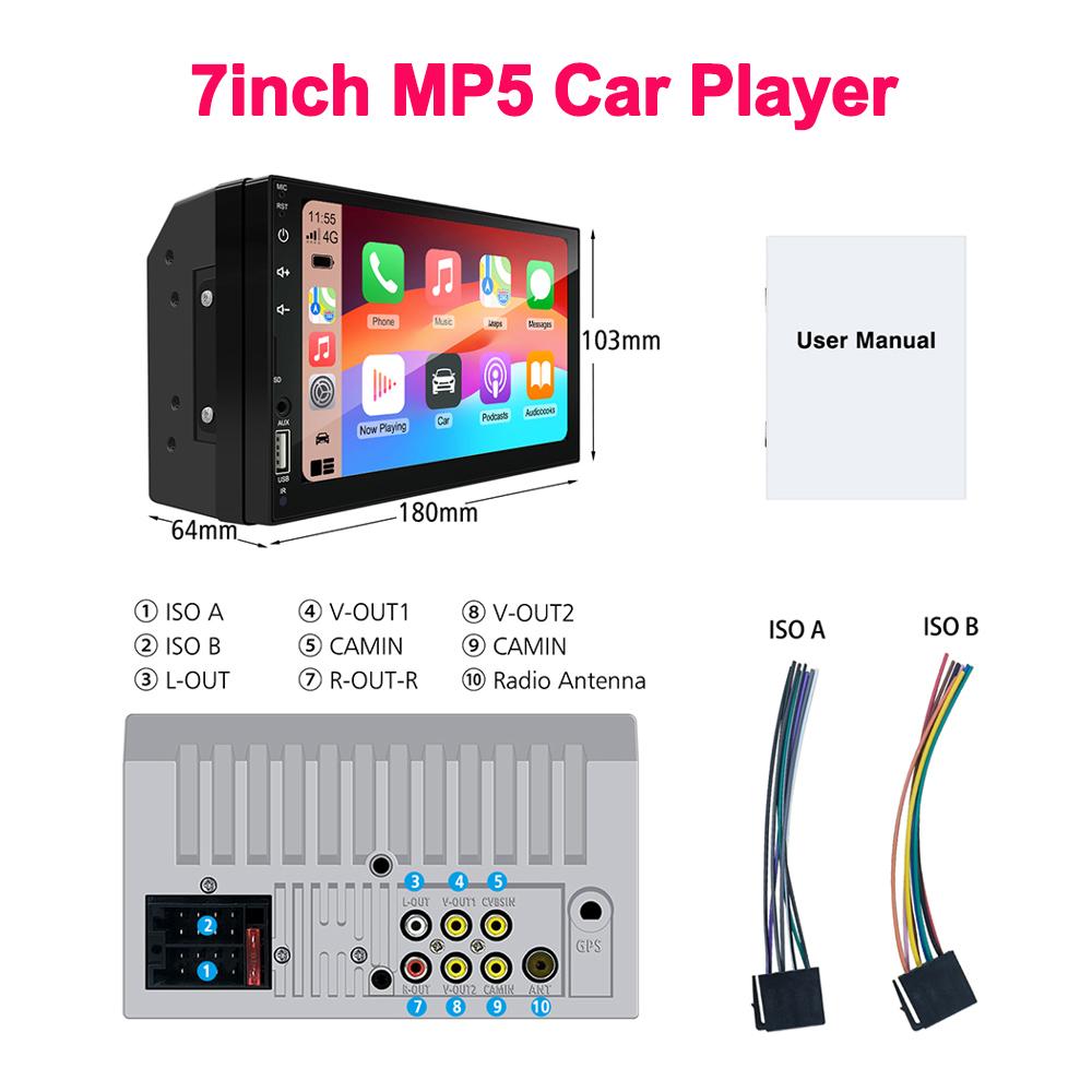 

2Din 7Inch Carplay Android Auto Player Dual USB touch Screen Touch HD Car MP5 Player USB FM Bluetooth TF Card Touch Screen