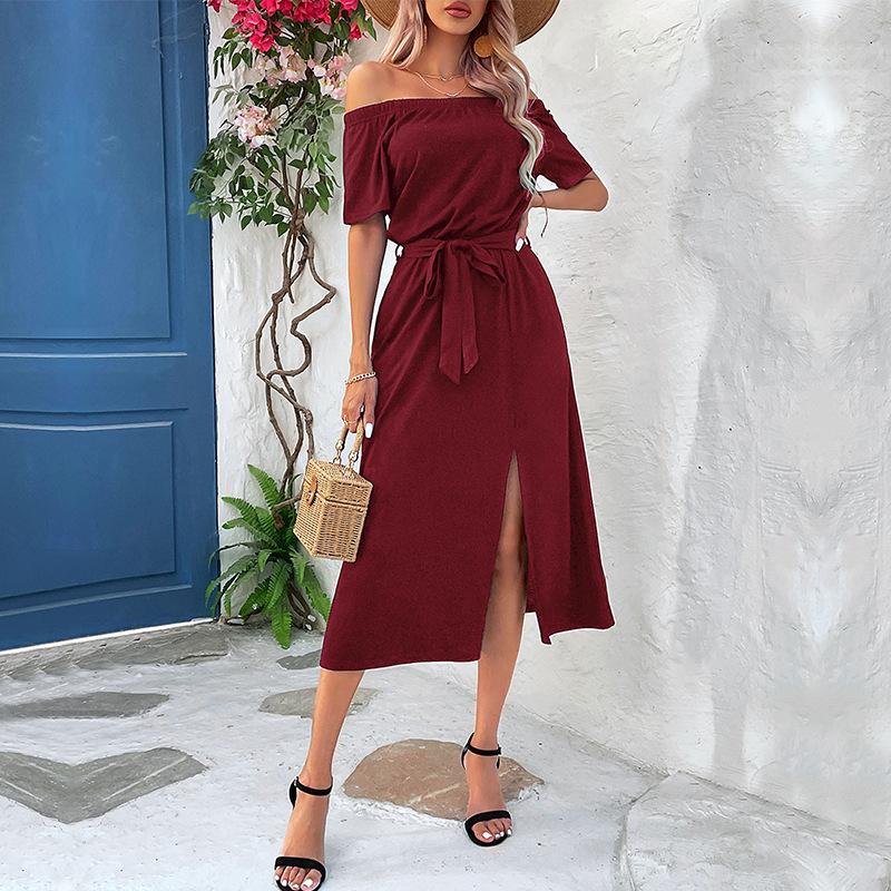 YYFS Dámská móda Léto Jaro Jednobarevný potisk Neformální šaty s krátkým rukávem na jedno rameno ve středním pase