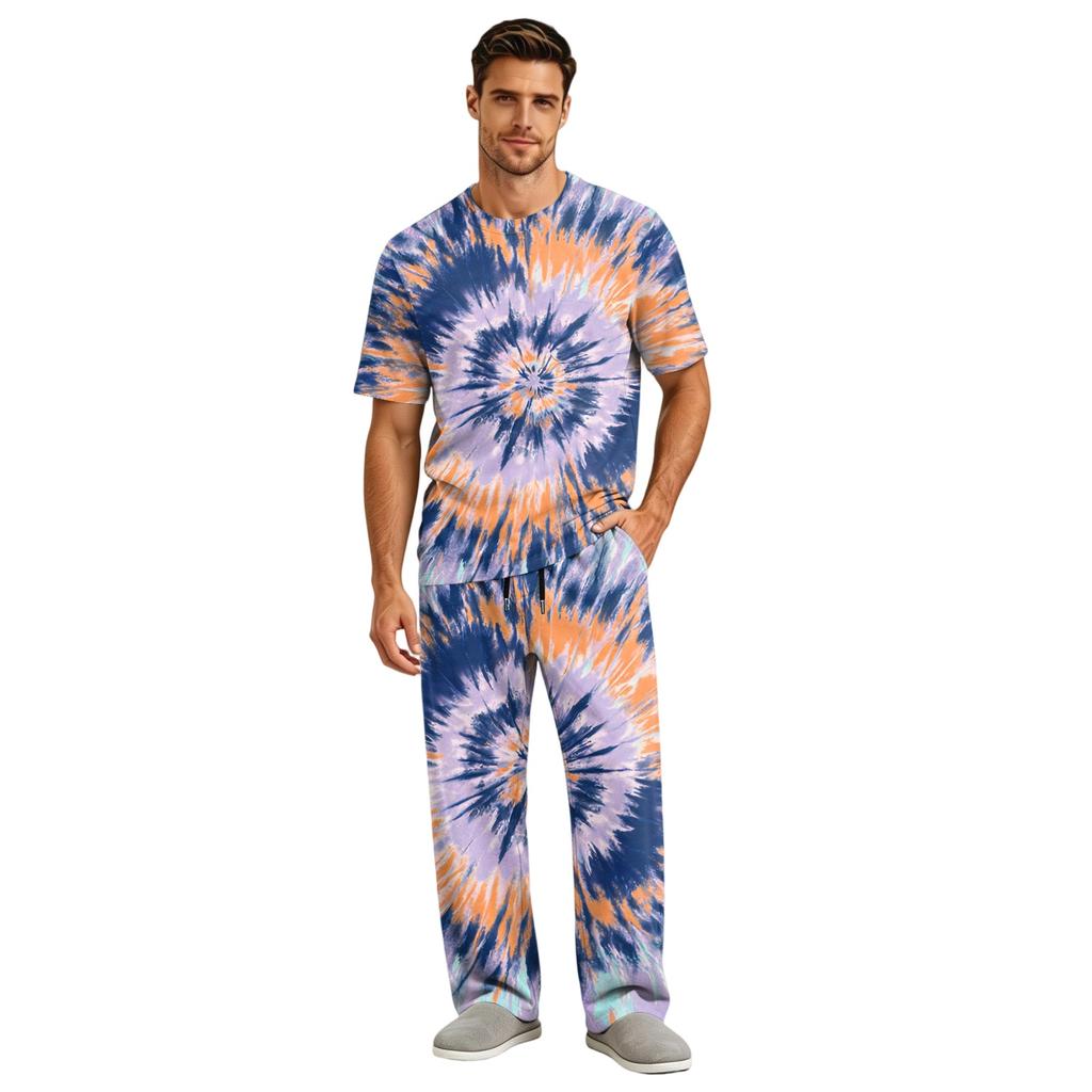 Men's Short Sleeve Pajama Set with Button Fly and Elastic Drawstring Waist for Comfortable