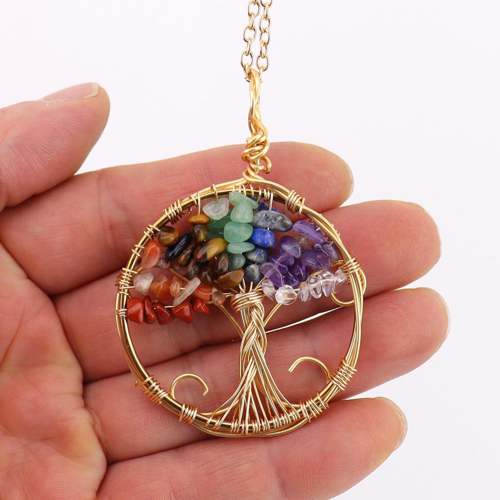 Collana in Pietra Naturale Albero della Vita Avvolta in Filo con Pietre Frantumate Multicolori - N750