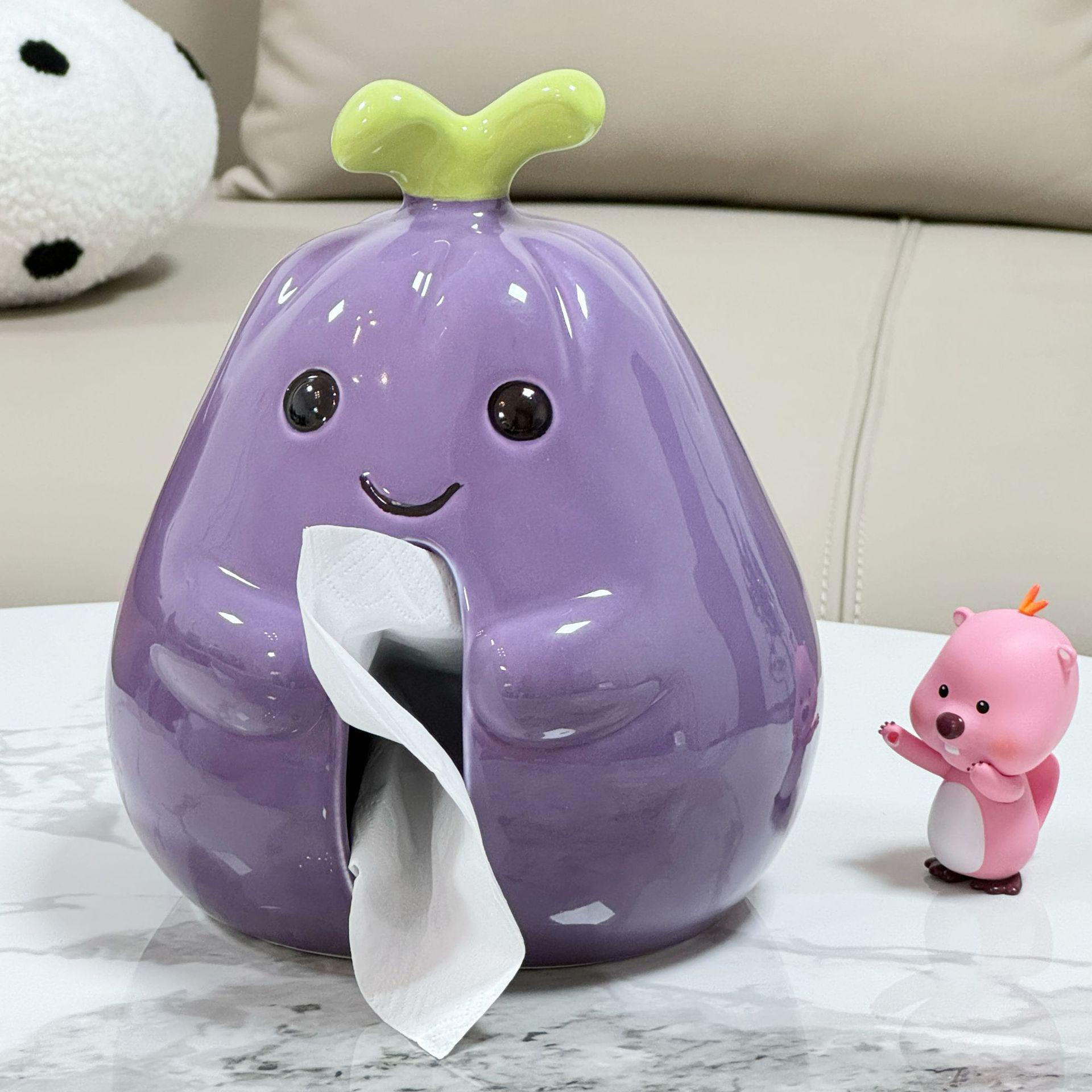 Adorable Eggplant Napkin Holder - Ceramic Cartoon Tissue Box for Living Room Décor