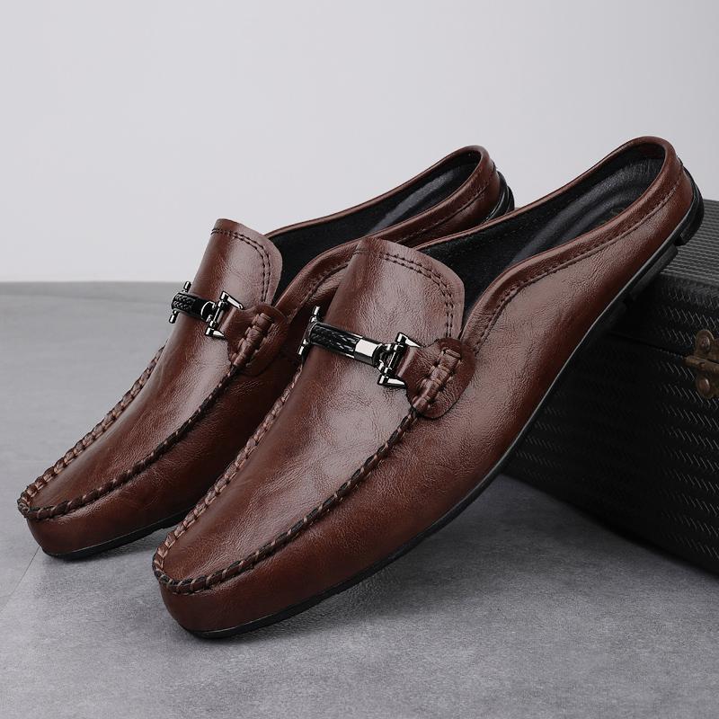 Fashion 2025 Summer New Men's Half Dragged Loafers Leather Comfortable Anti Slip Lazy Fashionable Outdoor Men's Breathable Driving Shoes