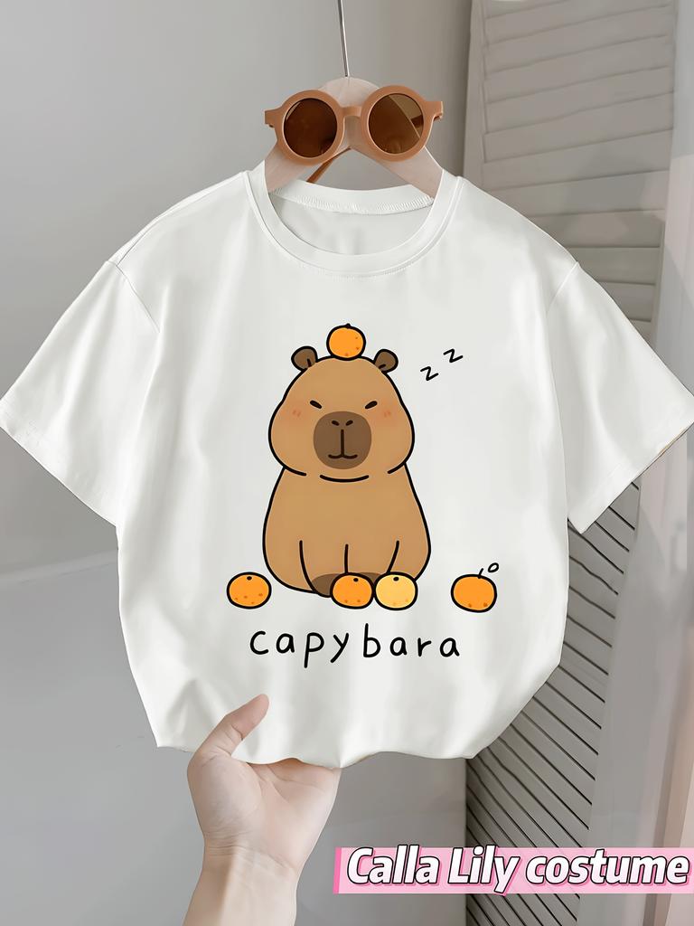 2026 Fashion Children's Round Neck Pure Cotton T-shirt "CAPYBARA Capybara Milk Tea" Print, Breathable Short-sleeved for Girls.