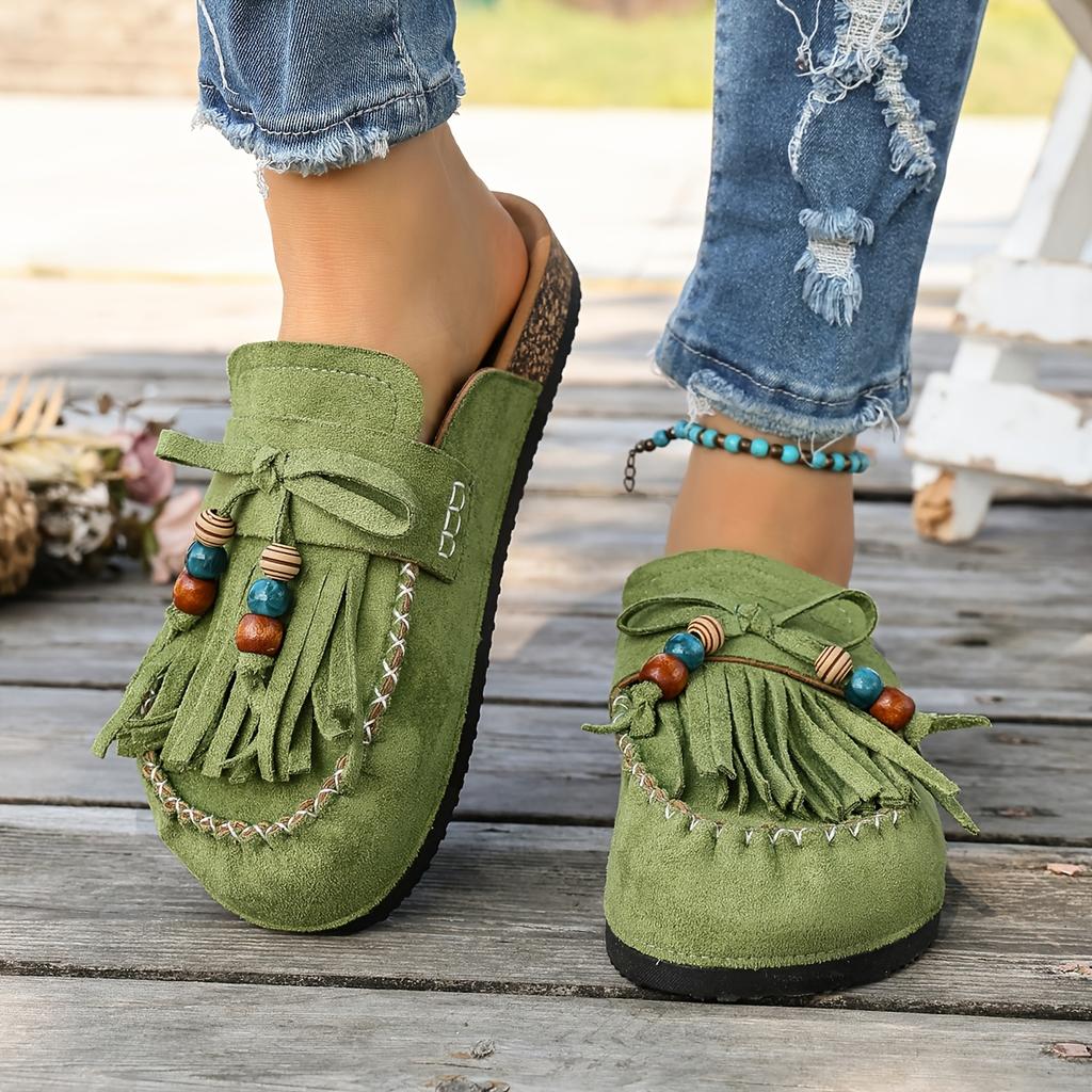 Women's Vintage Tassel Birkenstock Slides - Round Toe Slip-On Mules with Thick Soft Sole for Summer