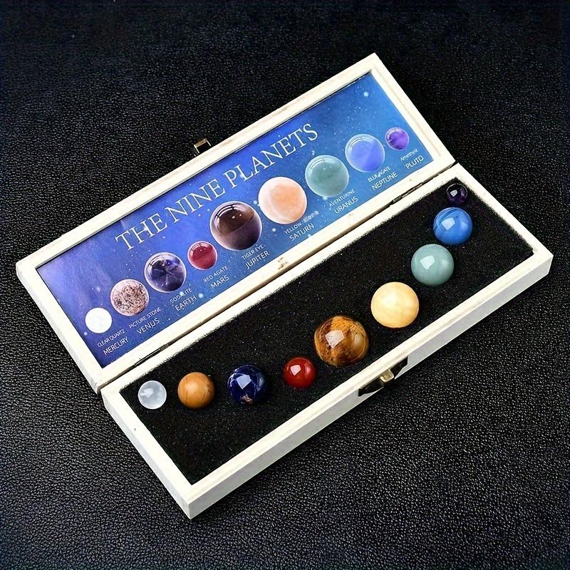 Deluxe Solar System Crystal Collection - 9 Planets Natural Stone Set & Universe Themed Tabletop Decor, Mineral Specimen Gift Box