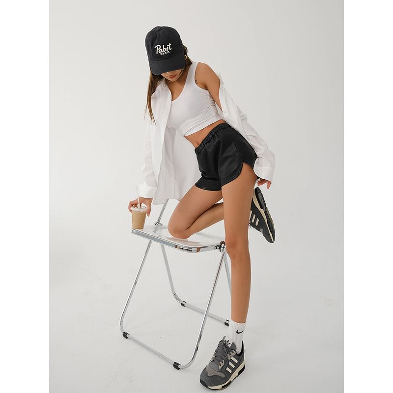 Black Elastic Waist Autumn and Winter Slimming Soft Leather Shorts