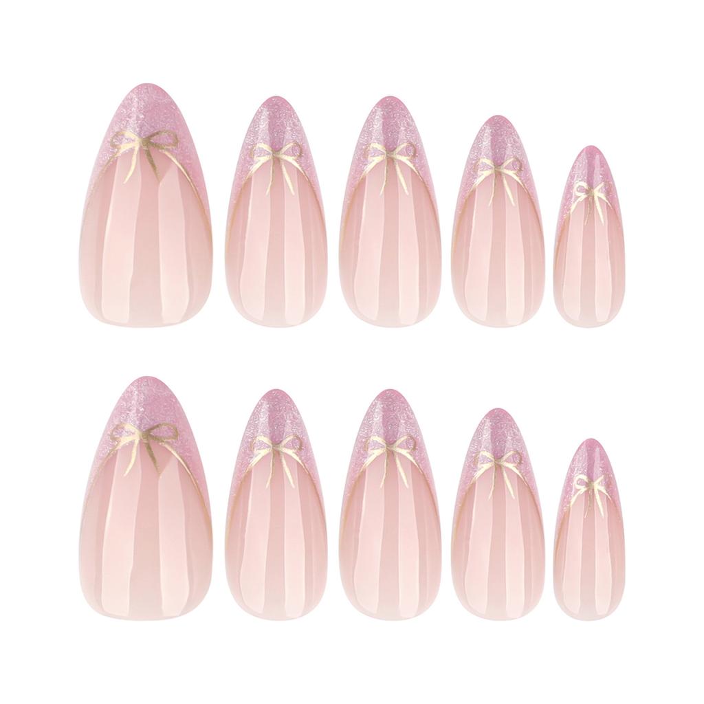 French Pink False Nails 24Pcs Almond Shape With Bowknot Decoration For Wedding Party