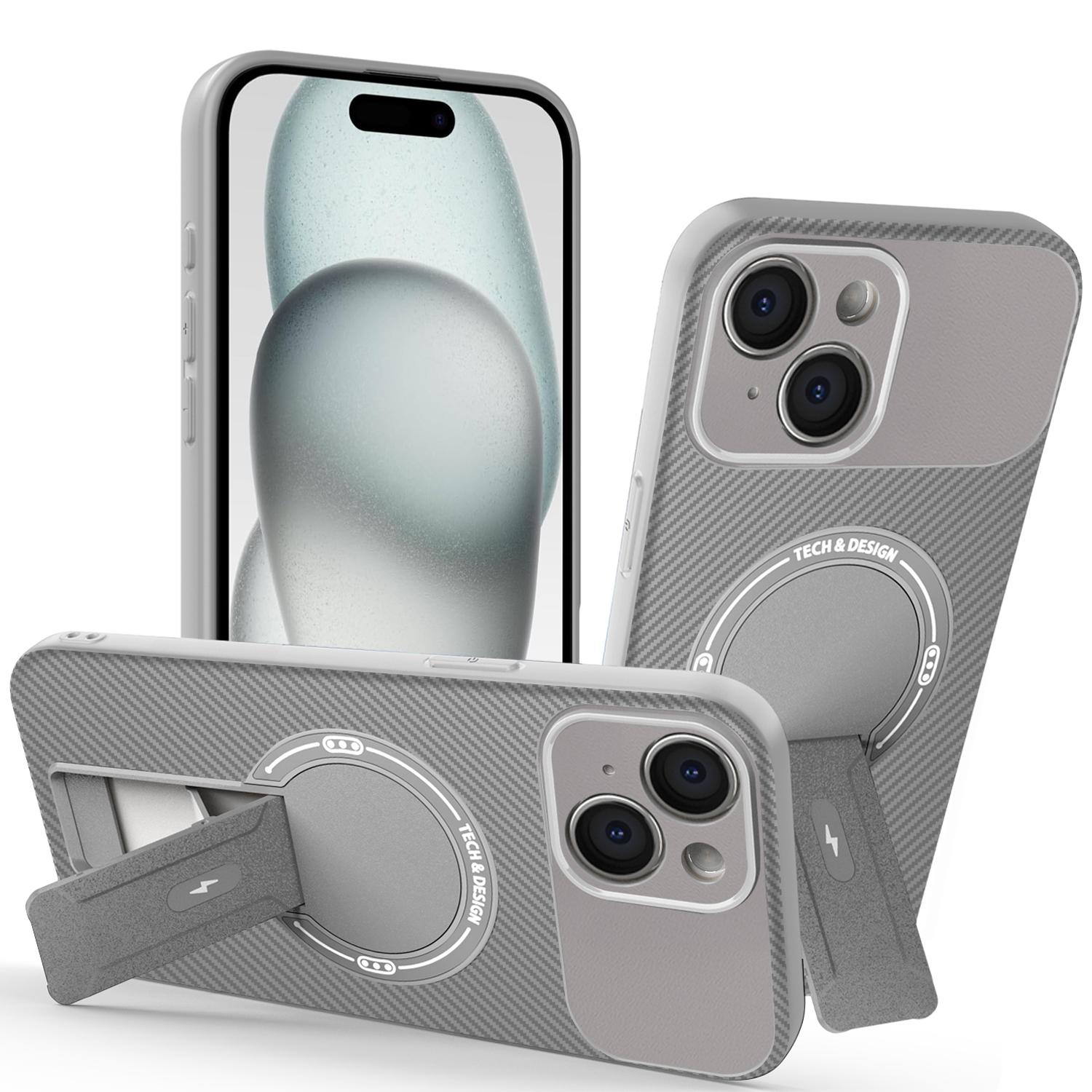 

For iPhone 15 Case with Kickstand Carbon Fiber Texture PC+TPU Phone Cover Grey