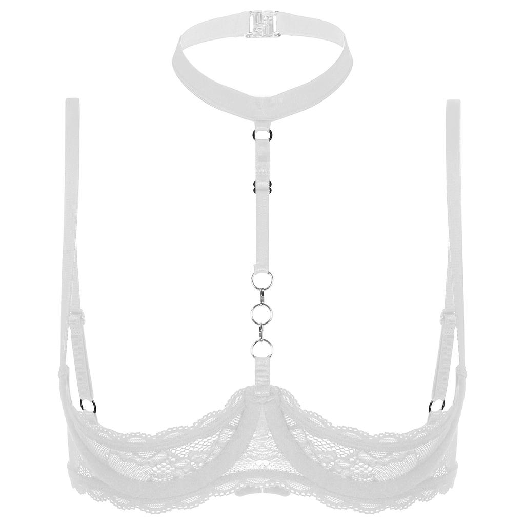 Womens 1/4 Cups Underwire Bra Halter Neck O Ring Sheer Lace Push Up Brassiere Lingerie Underwear