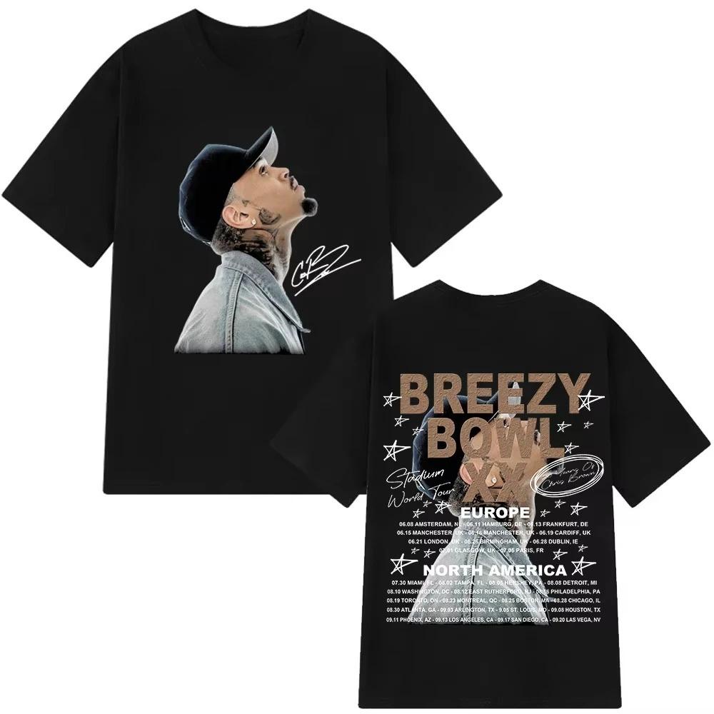 

2026 T-shirt Unisex Women Fashion Hip Hop T Shirt Rapper Chris Brown Breezy Bowl XX Tour Cotton Casual Oversized Tshirts Streetwear S