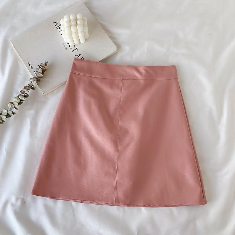 Black A-line High-waisted PU Leather Skirt: Women's Spring/Autumn Slimming Mini with Anti-exposure Design