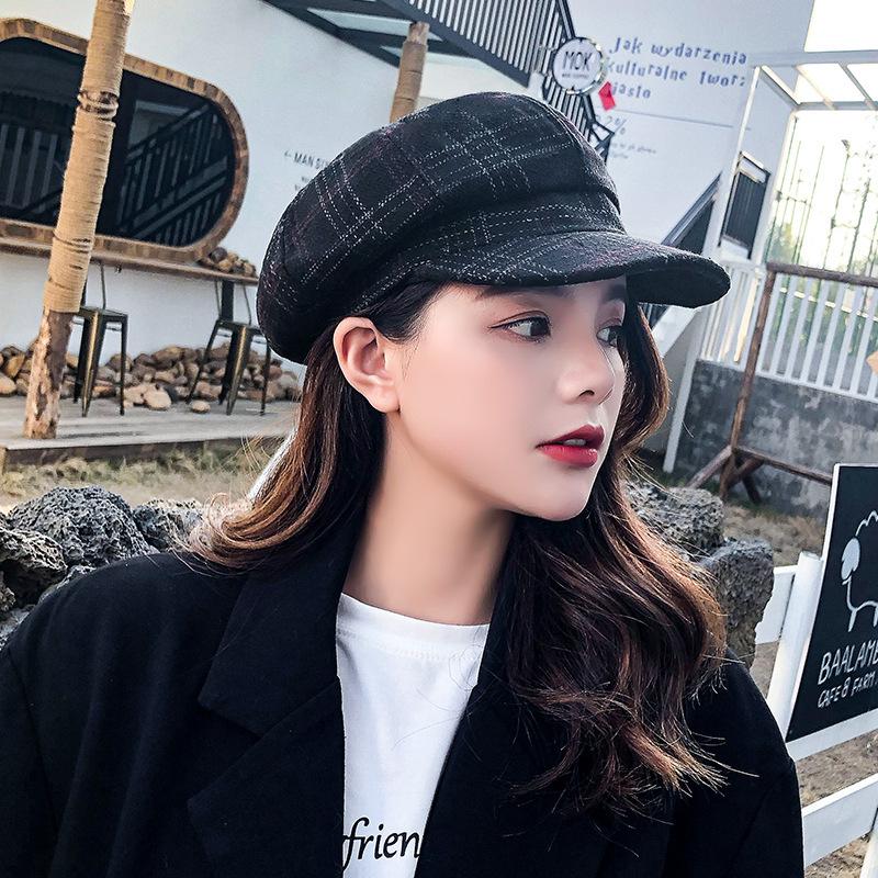 New Hat Women's Plaid Beret Fashionable Outdoor Leisure Literary Painter Hat Warm Sunshade Octagonal Hat Trendy Women