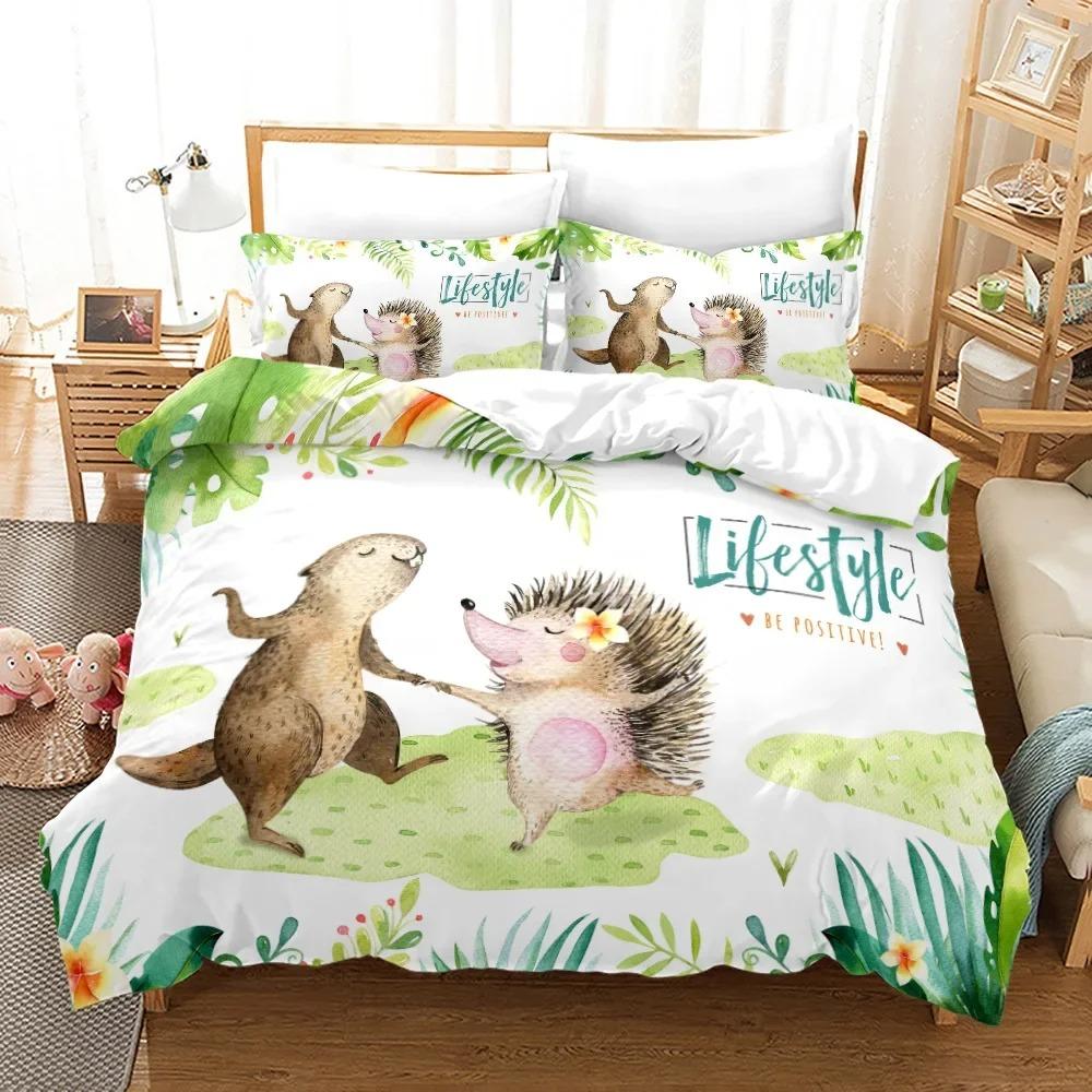 Hedgehog Duvet Cover KingQueen Size,Cute Brown Hedgehog Pattern Print Quilt Cover for Kids Girls Boy,animal Theme Bedding