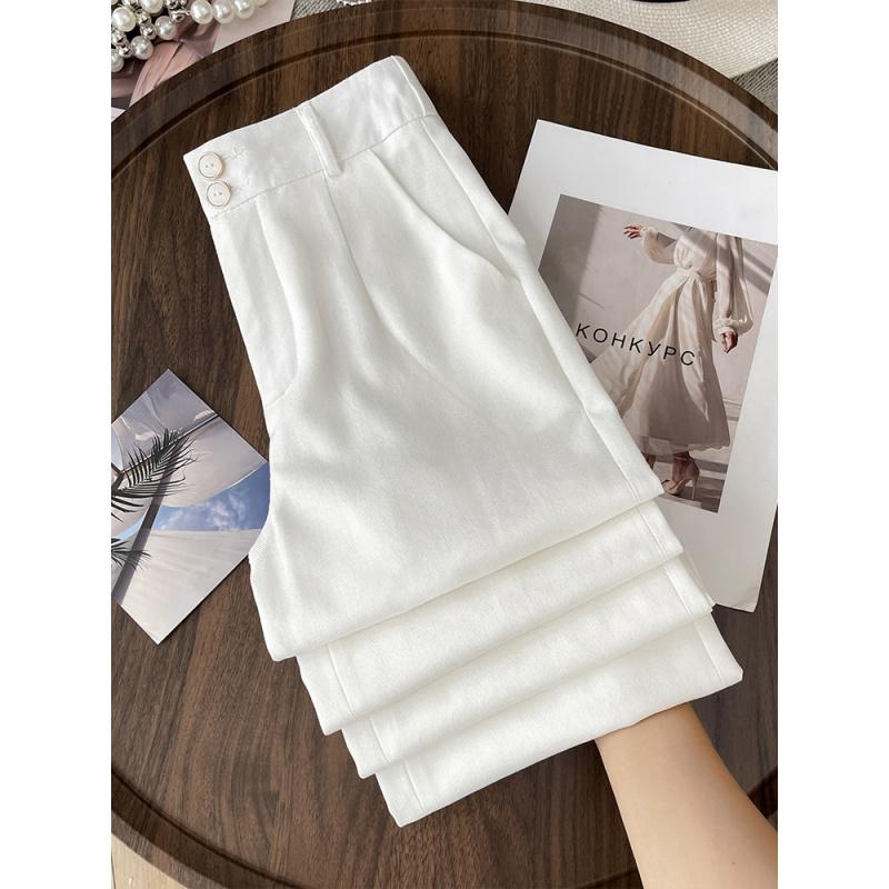 New White Tencel Linen Wide-Leg Pants for Women, Summer Thin Anti-Wrinkle Cotton Linen Suit Pants, Draped Ice Silk Pants