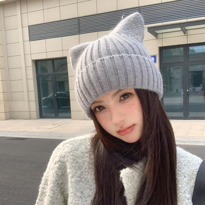 Cat Ear Wool Hat Women's Autumn and Winter New Warm Cute Knitted Hat Casual Hat Soft Warm Pullover for Big Heads, Cute Gift Hat for Cold Weather