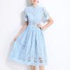 Women's Stand Collar Short Sleeve Hollow Out Lace A-Line Mid Waist Elegant Commuter Midi Dress