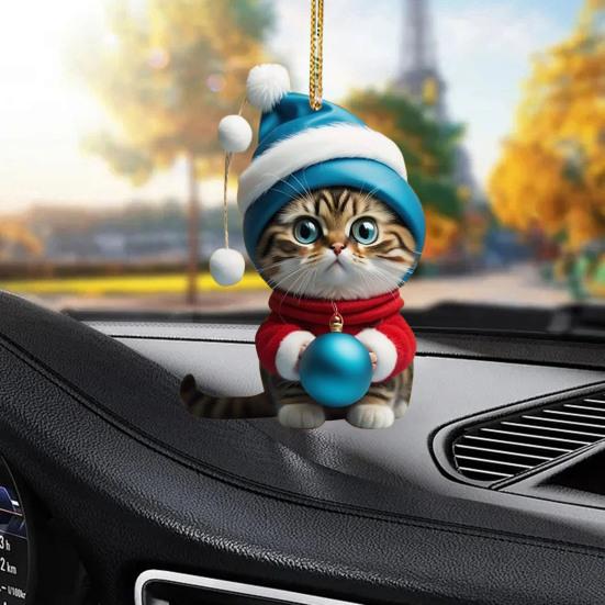 Christmas Cat Ornament Xmas Tree Decor Hanging Backpack Keychain Acrylic Holiday Accessory for Car Rearview Mirror Window Bag Key
