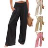 Women Pants Pleated Elastic High Waist Wide Leg Trousers with Pockets Pure Color Loose Fit Spring Casual Long Pants