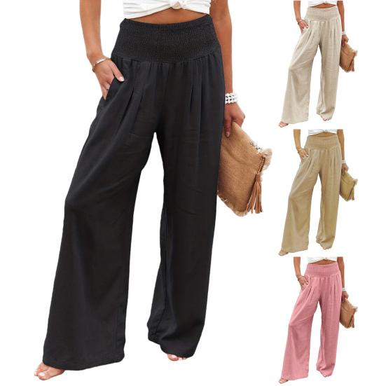Women Pants Pleated Elastic High Waist Wide Leg Trousers with Pockets Pure Color Loose Fit Spring Casual Long Pants