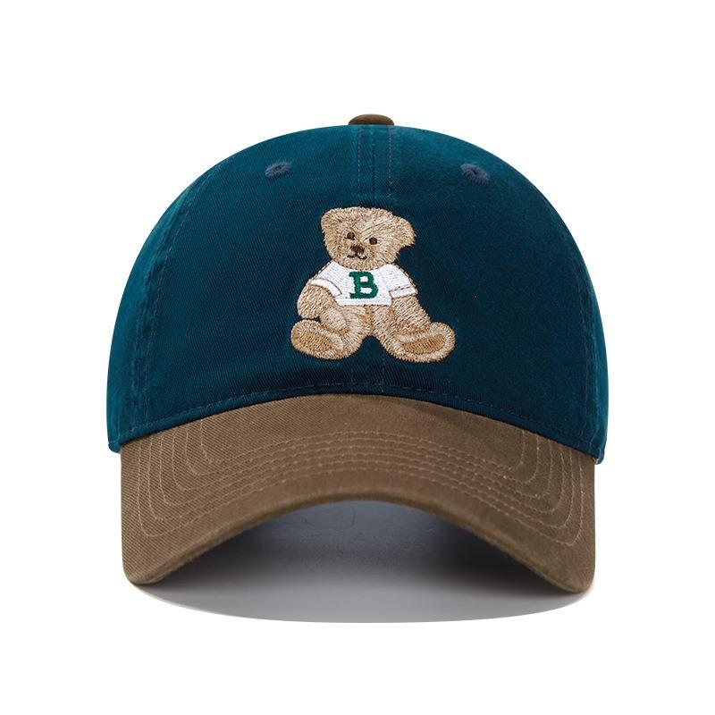 Retro color matching bear embroidered baseball cap sweet and cute versatile peaked cap big head circumference wide brim shows small face