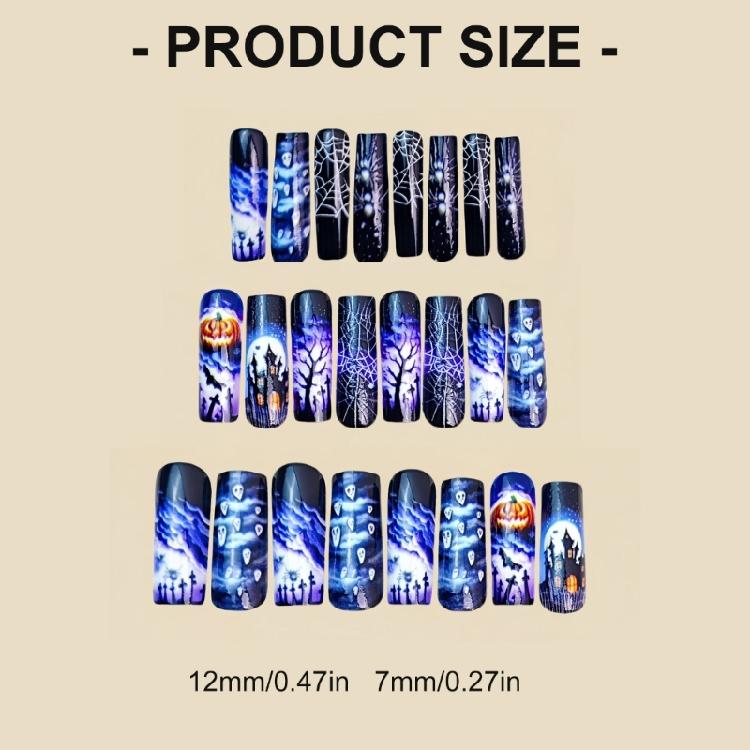 24 Pieces Halloween Coffin Fake Nail Purple Bat Pumpkin Design Durability Nail For Women Party Costume Accessories