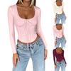 Damen Baumwolle Langarm Spitze Patchwork Nabel-Exponiertes Quadratischer Ausschnitt T-Shirt