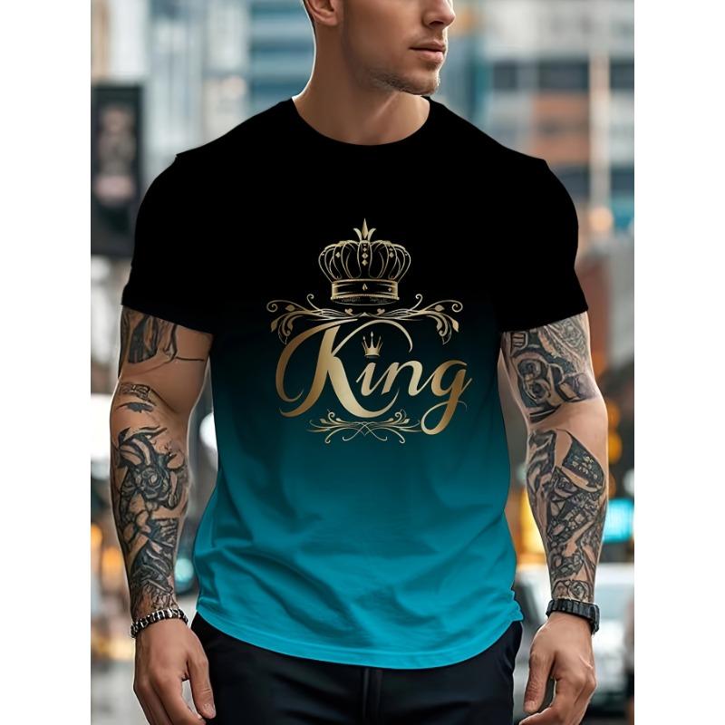 Summer Men's Gradient Color Printed with KING Pattern Round Neck T-shirt
