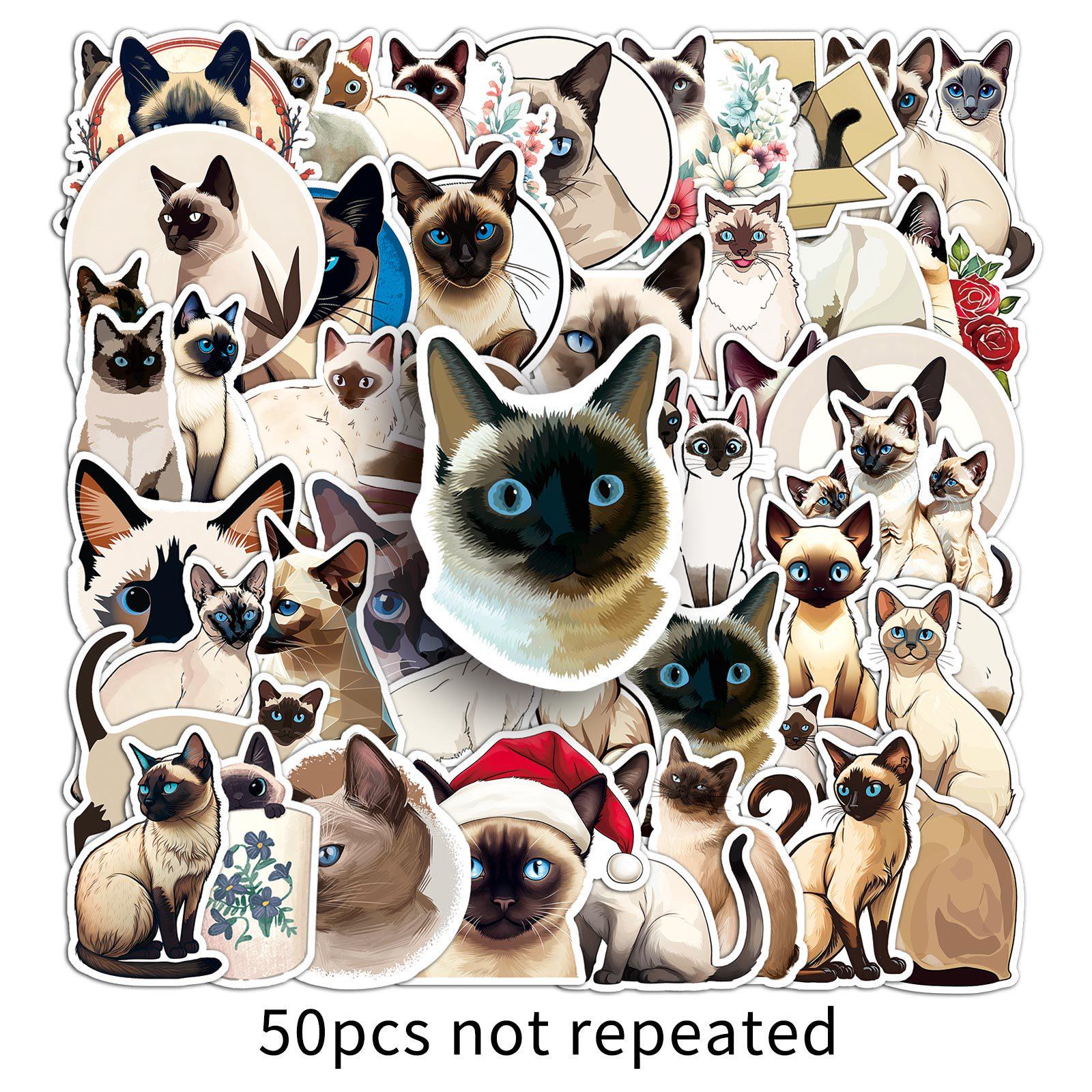 50 Cute Siamese Cat Stickers: Waterproof, Cartoon Pet Decorations for Cups and Journals